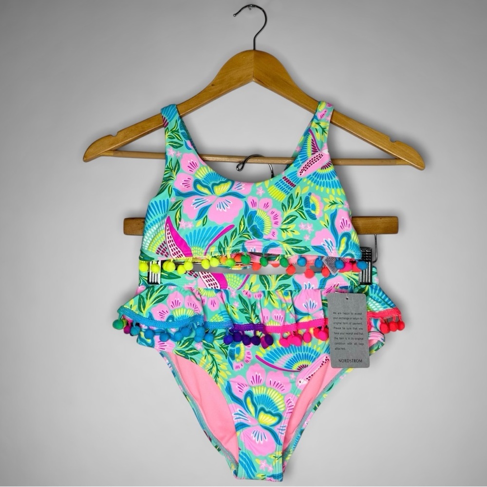 New Kids' Tropical Ruffle Pompom 2-Piece Bikini Set Beach Lingo Big Kid Size 10